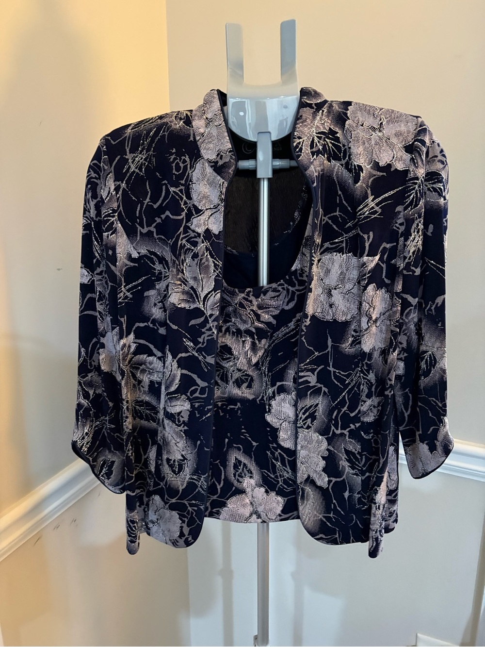 Alex Evenings Navy and Silver Floral Open-Front Blouse Set